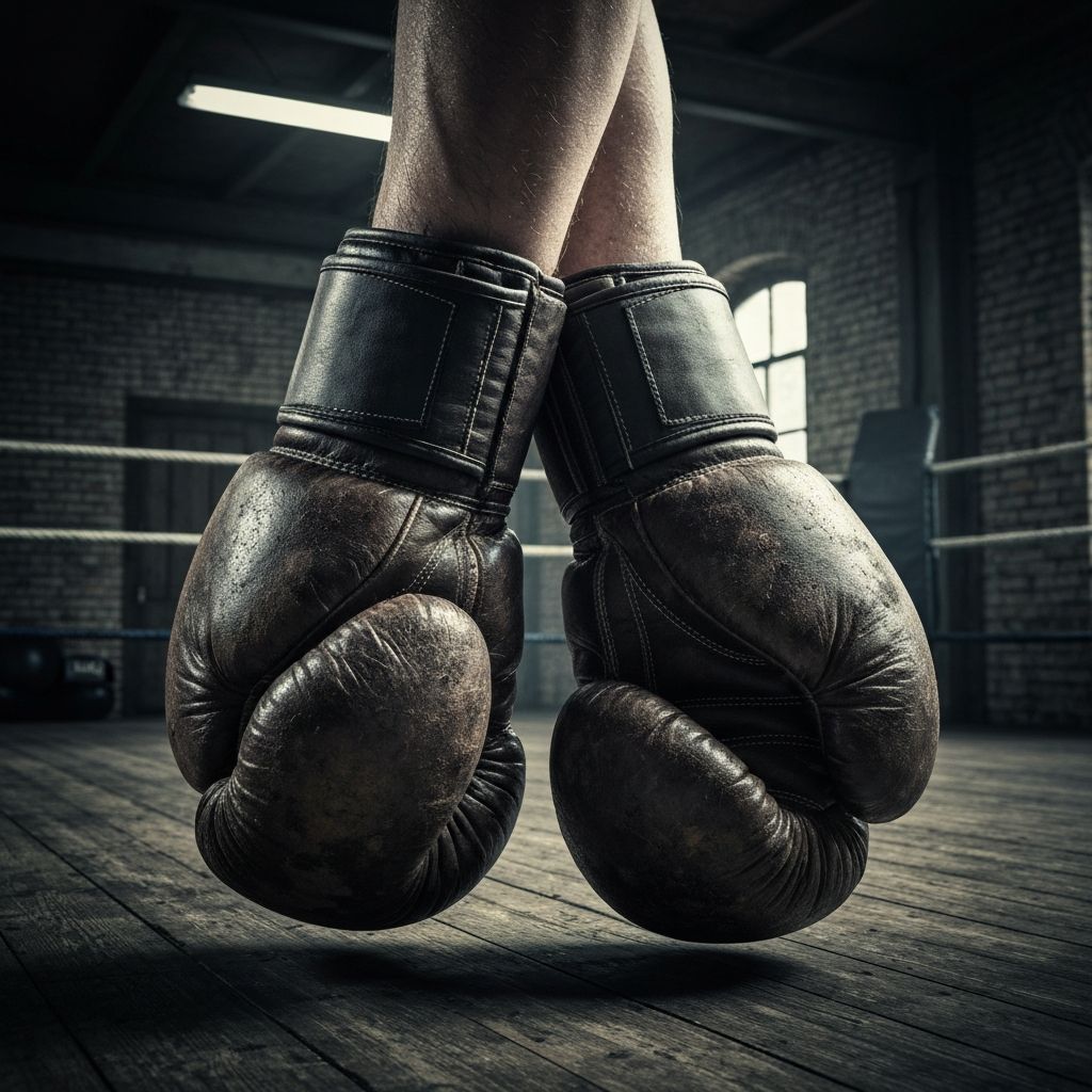 Worn boxing gloves in a dark gym